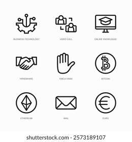 Set of Vector Thin Line Icons for Video Call, Online Knowledge, Handshake and more. Collection of 9 Business UI Outline Editable Symbols.