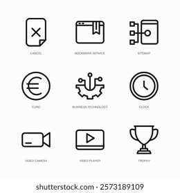 Set of Vector Thin Line Icons for Video Camera, Video Player, Trophy and more. Collection of 9 Business UI Outline Editable Symbols.