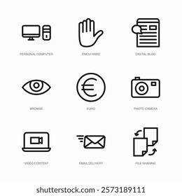 Set of Vector Thin Line Icons for Photo Camera, Video Content, Email Delivery and more. Collection of 9 Business UI Outline Editable Symbols.