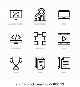 Set of Vector Thin Line Icons for Video, Trophy, Tasks and more. Collection of 9 Business UI Outline Editable Symbols.