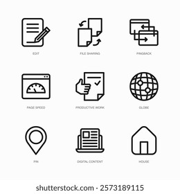 Set of Vector Thin Line Icons for Digital Content, House, Edit and more. Collection of 9 Business UI Outline Editable Symbols.