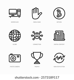 Set of Vector Thin Line Icons for Connection, Digital Content, Photo Camera and more. Collection of 9 Business UI Outline Editable Symbols.