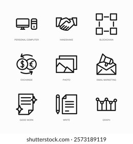 Set of Vector Thin Line Icons for Photo, Email Marketing, Good Work and more. Collection of 9 Business UI Outline Editable Symbols.
