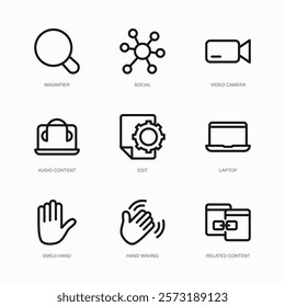 Set of Vector Thin Line Icons for Social, Video Camera, Audio Content and more. Collection of 9 Business UI Outline Editable Symbols.