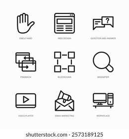 Set of Vector Thin Line Icons for Video Player, Email Marketing, Workplace and more. Collection of 9 Business UI Outline Editable Symbols.