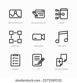 Set of Vector Thin Line Icons for Video Camera, Music Note, Checklist and more. Collection of 9 Business UI Outline Editable Symbols.