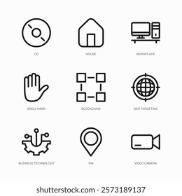 Set of Vector Thin Line Icons for Video Camera, Cd, House and more. Collection of 9 Business UI Outline Editable Symbols.