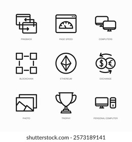 Set of Vector Thin Line Icons for Photo, Trophy, Personal Computer and more. Collection of 9 Business UI Outline Editable Symbols.