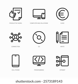 Set of Vector Thin Line Icons for Connection, Cd, Write and more. Collection of 9 Business UI Outline Editable Symbols.