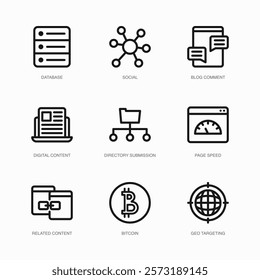 Set of Vector Thin Line Icons for Social, Blog Comment, Digital Content and more. Collection of 9 Business UI Outline Editable Symbols.