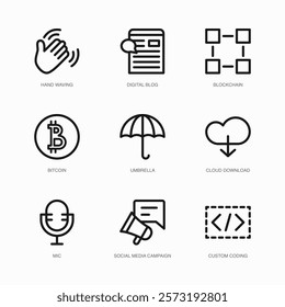 Set of Vector Thin Line Icons for Mic, Social Media Campaign, Custom Coding and more. Collection of 9 Business UI Outline Editable Symbols.