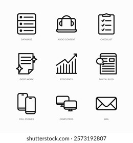 Set of Vector Thin Line Icons for Audio Content, Checklist, Good Work and more. Collection of 9 Business UI Outline Editable Symbols.