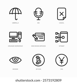 Set of Vector Thin Line Icons for Mic, Cancel, Organize Workspace and more. Collection of 9 Business UI Outline Editable Symbols.