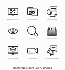 Set of Vector Thin Line Icons for Digital Content, Online Knowledge, Video Camera and more. Collection of 9 Business UI Outline Editable Symbols.