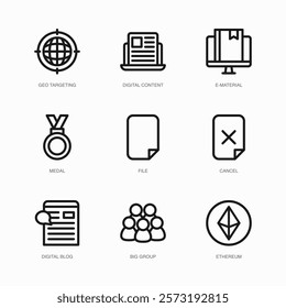 Set of Vector Thin Line Icons for Digital Content, E-material, Medal and more. Collection of 9 Business UI Outline Editable Symbols.