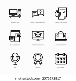 Set of Vector Thin Line Icons for Blog Comment, Online Knowledge, Audio Content and more. Collection of 9 Business UI Outline Editable Symbols.