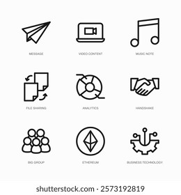 Set of Vector Thin Line Icons for Video Content, Music Note, File Sharing and more. Collection of 9 Business UI Outline Editable Symbols.