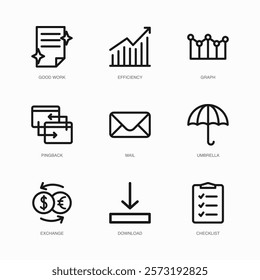 Set of Vector Thin Line Icons for Checklist, Good Work, Efficiency and more. Collection of 9 Business UI Outline Editable Symbols.