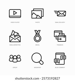 Set of Vector Thin Line Icons for Blog Comment, Video Player, Photo and more. Collection of 9 Business UI Outline Editable Symbols.