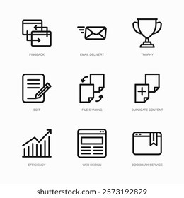 Set of Vector Thin Line Icons for Email Delivery, Trophy, Edit and more. Collection of 9 Business UI Outline Editable Symbols.