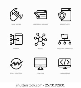 Set of Vector Thin Line Icons for Social, Directory Submission, Non-stop Action and more. Collection of 9 Business UI Outline Editable Symbols.