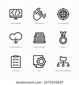 Set of Vector Thin Line Icons for Digital Content, Medal, Checklist and more. Collection of 9 Business UI Outline Editable Symbols.