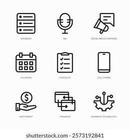 Set of Vector Thin Line Icons for Mic, Social Media Campaign, Calendar and more. Collection of 9 Business UI Outline Editable Symbols.