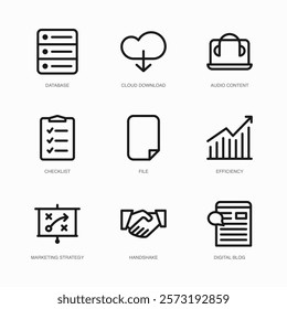 Set of Vector Thin Line Icons for Audio Content, Checklist, File and more. Collection of 9 Business UI Outline Editable Symbols.