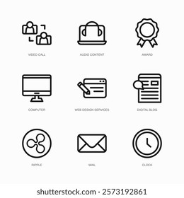 Set of Vector Thin Line Icons for Video Call, Audio Content, Award and more. Collection of 9 Business UI Outline Editable Symbols.