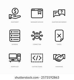Set of Vector Thin Line Icons for Connection, Cancel, Workplace and more. Collection of 9 Business UI Outline Editable Symbols.