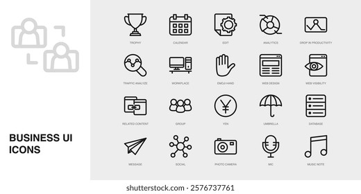 Set of Vector Thin Line Icons for Social, Photo Camera, Mic and more. Collection of 20 Business UI Outline Editable Symbols.