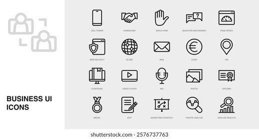 Set of Vector Thin Line Icons for E-material, Video Player, Mic and more. Collection of 20 Business UI Outline Editable Symbols.