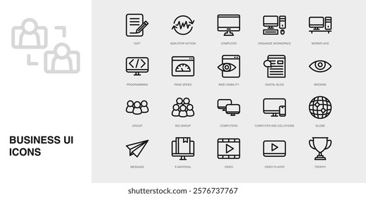 Set of Vector Thin Line Icons for E-material, Video, Video Player and more. Collection of 20 Business UI Outline Editable Symbols.