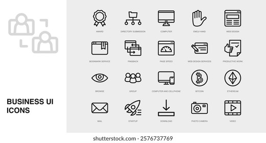 Set of Vector Thin Line Icons for Photo Camera, Video, Award and more. Collection of 20 Business UI Outline Editable Symbols.