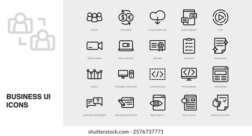 Set of Vector Thin Line Icons for Blog Comment, Play, Video Camera and more. Collection of 20 Business UI Outline Editable Symbols.