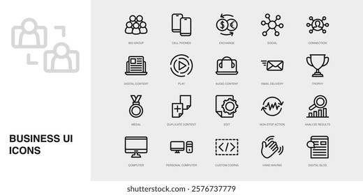 Set of Vector Thin Line Icons for Social, Connection, Digital Content and more. Collection of 20 Business UI Outline Editable Symbols.