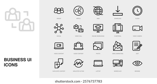 Set of Vector Thin Line Icons for Social, Video Call, Online Knowledge and more. Collection of 20 Business UI Outline Editable Symbols.