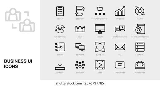 Set of Vector Thin Line Icons for Connection, Video, Video Content and more. Collection of 20 Business UI Outline Editable Symbols.