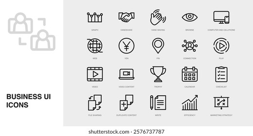 Set of Vector Thin Line Icons for Connection, Play, Video and more. Collection of 20 Business UI Outline Editable Symbols.