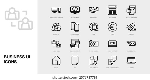 Set of Vector Thin Line Icons for Video Call, Blog Comment, Photo Camera and more. Collection of 20 Business UI Outline Editable Symbols.