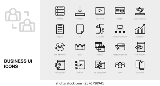 Set of Vector Thin Line Icons for Video Player, Diploma, Online Awareness and more. Collection of 20 Business UI Outline Editable Symbols.