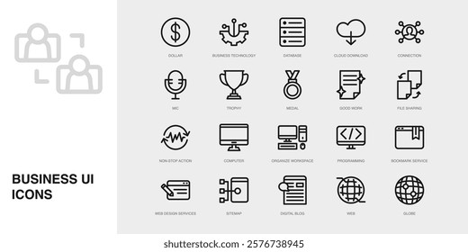 Set of Vector Thin Line Icons for Connection, Mic, Trophy and more. Collection of 20 Business UI Outline Editable Symbols.