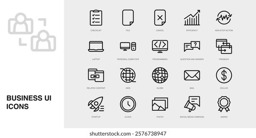 Set of Vector Thin Line Icons for Photo, Social Media Campaign, Award and more. Collection of 20 Business UI Outline Editable Symbols.