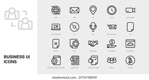 Set of Vector Thin Line Icons for Video Camera, Video Content, Cd and more. Collection of 20 Business UI Outline Editable Symbols.