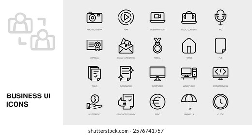 Set of Vector Thin Line Icons for Photo Camera, Play, Video Content and more. Collection of 20 Business UI Outline Editable Symbols.