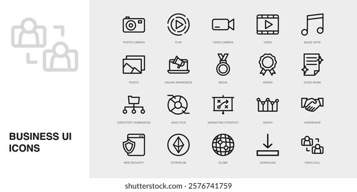 Set of Vector Thin Line Icons for Video Call, Photo Camera, Play and more. Collection of 20 Business UI Outline Editable Symbols.