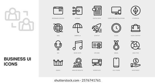 Set of Vector Thin Line Icons for Audio Content, Mic, Music Note and more. Collection of 20 Business UI Outline Editable Symbols.