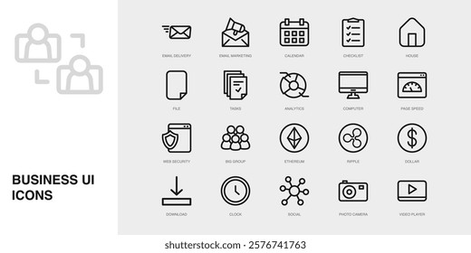 Set of Vector Thin Line Icons for Social, Photo Camera, Video Player and more. Collection of 20 Business UI Outline Editable Symbols.