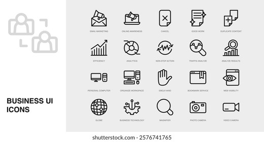Set of Vector Thin Line Icons for Photo Camera, Video Camera, Email Marketing and more. Collection of 20 Business UI Outline Editable Symbols.