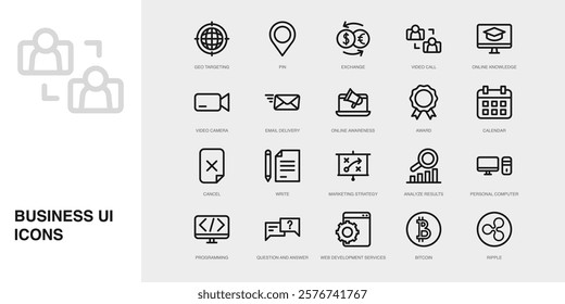 Set of Vector Thin Line Icons for Video Call, Online Knowledge, Video Camera and more. Collection of 20 Business UI Outline Editable Symbols.